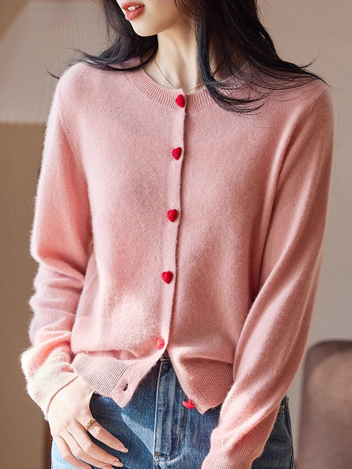 Raya Elegant Crew Neck Heart Button Knitted Cardigan