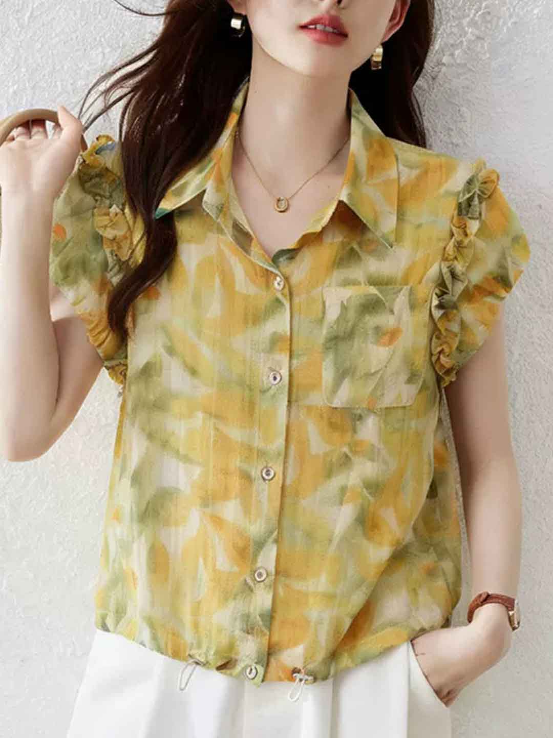 Mia Daily Lapel Ruffled Sleeve Printed Shirt