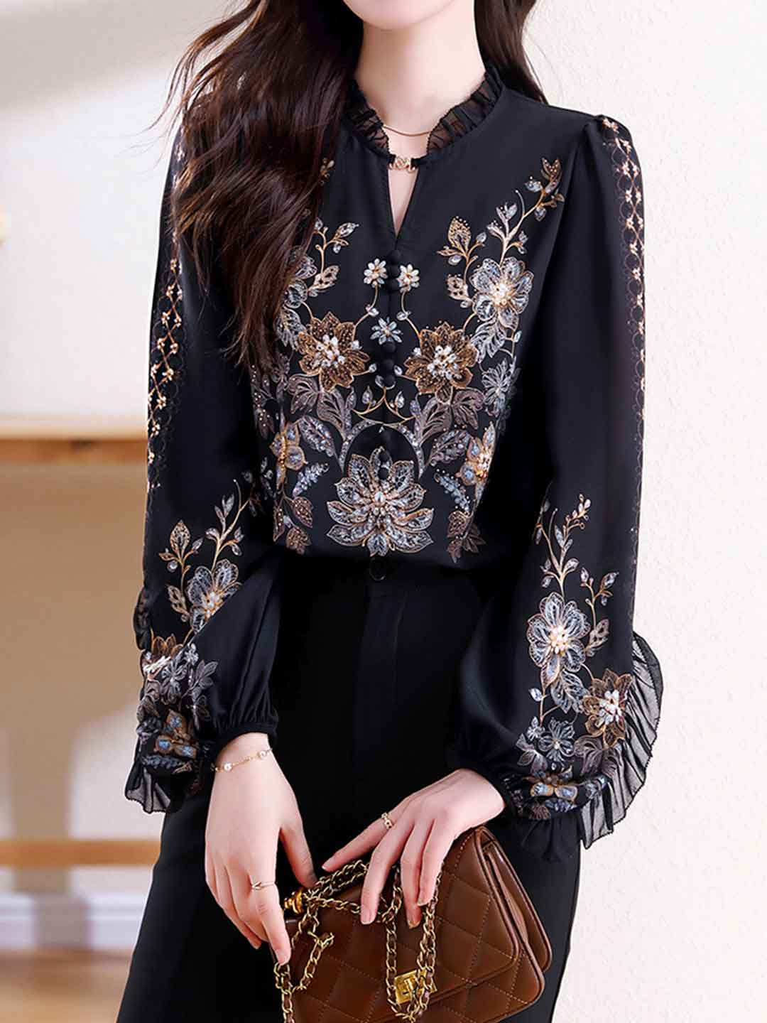 Kaylee Loose V-Neck Puff Sleeve Printed Chiffon Blouse