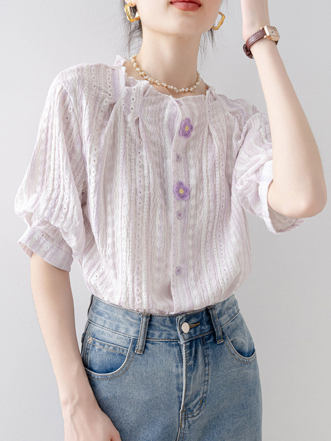 Sarah Loose Crew Neck Floral Solid Color Top