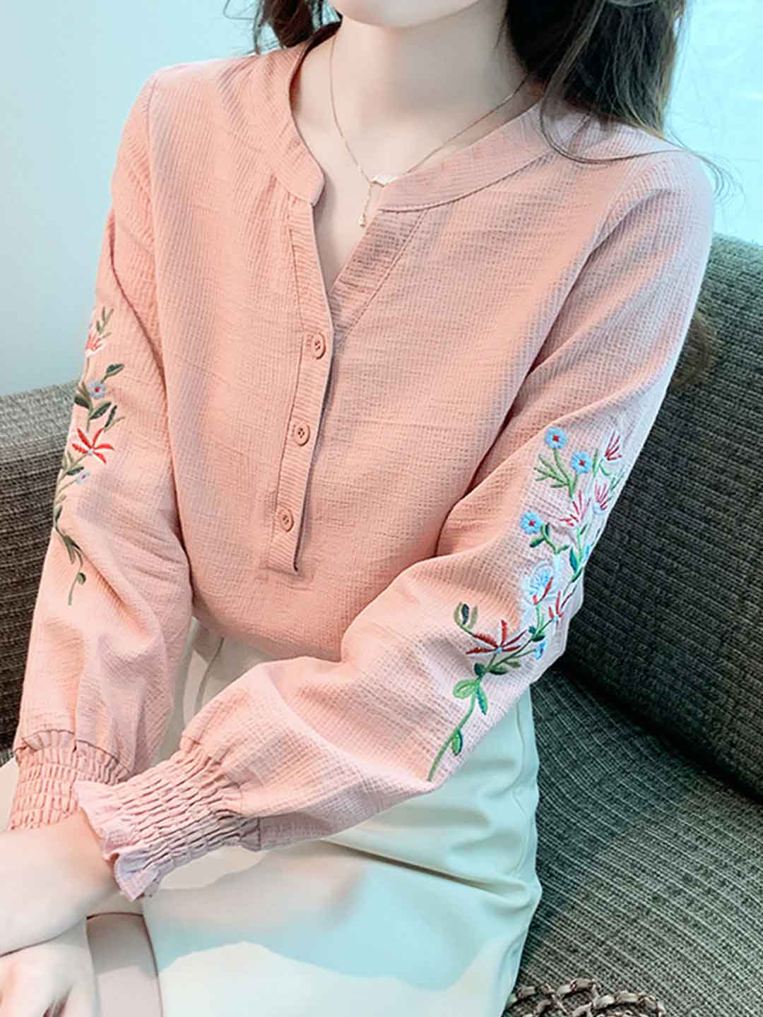 Abigail Classic V-Neck Lantern Sleeve Embroidered Top