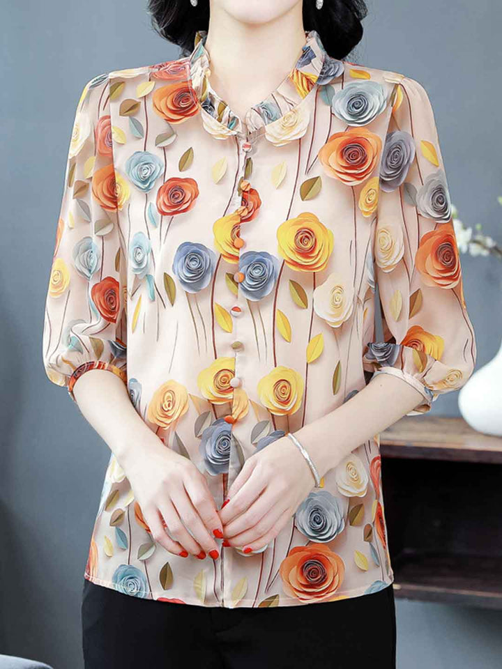 Ariana Loose V-Neck Lantern Sleeve Ruffle Collar Shirt