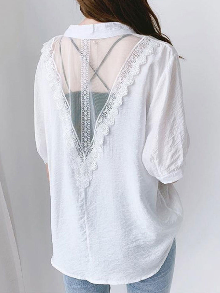 Morgan Classic V-Neck Lace Hollowed Chiffon Top