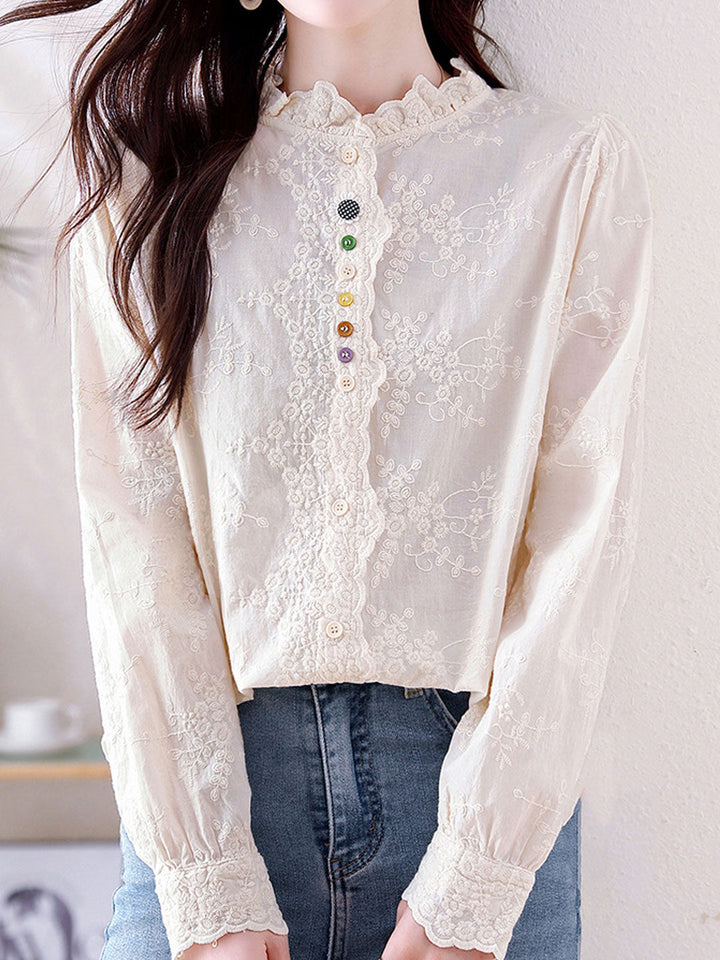 Emily Classic Solid Color Hollowed Embroidered Top