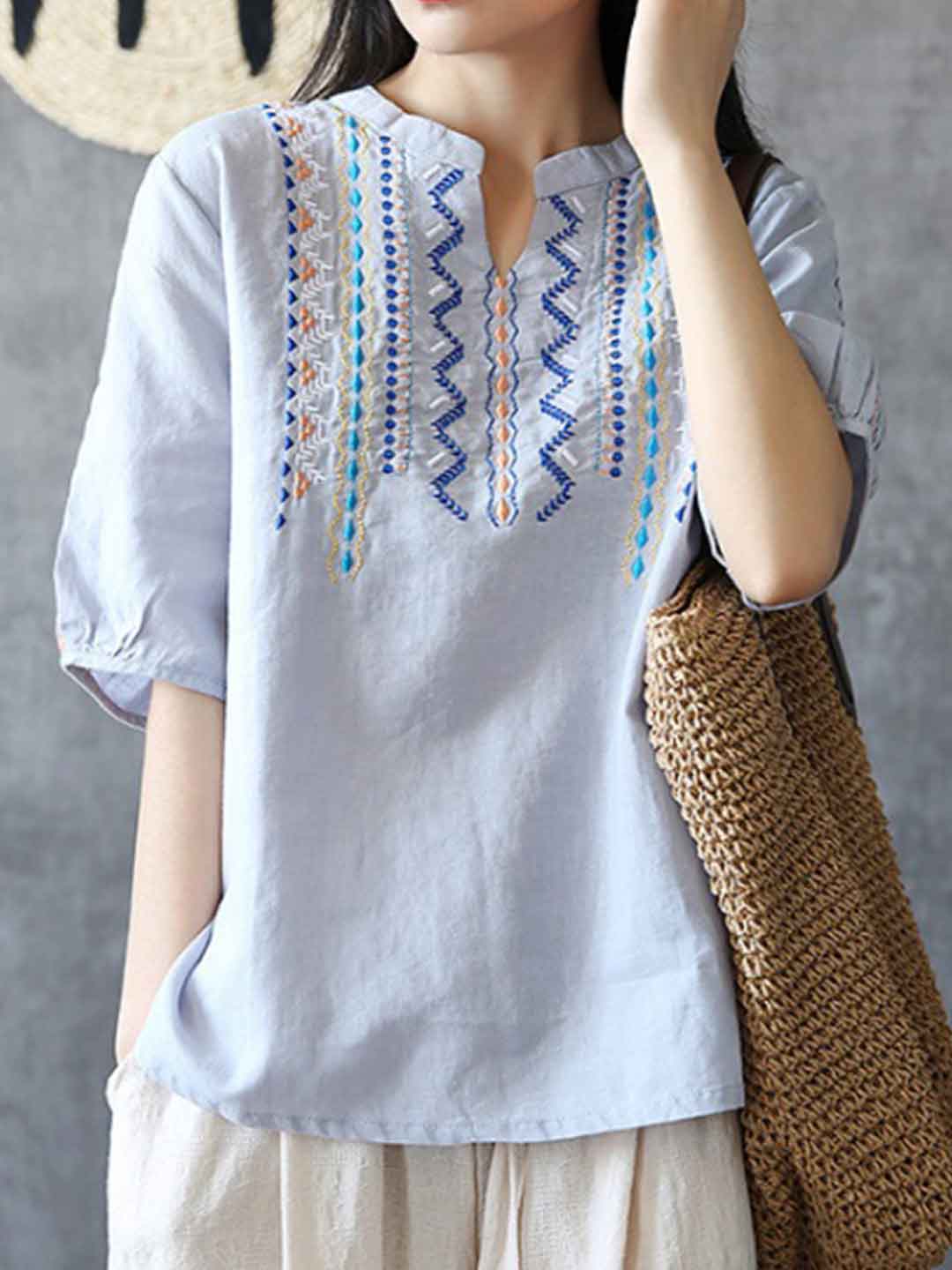 Sophia Loose V-Neck Embroidered Top