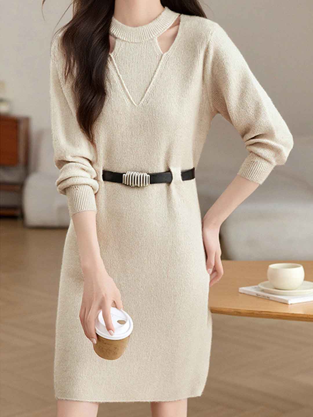Sarah Elegant Crew Neck Hollowed Knitted Dress