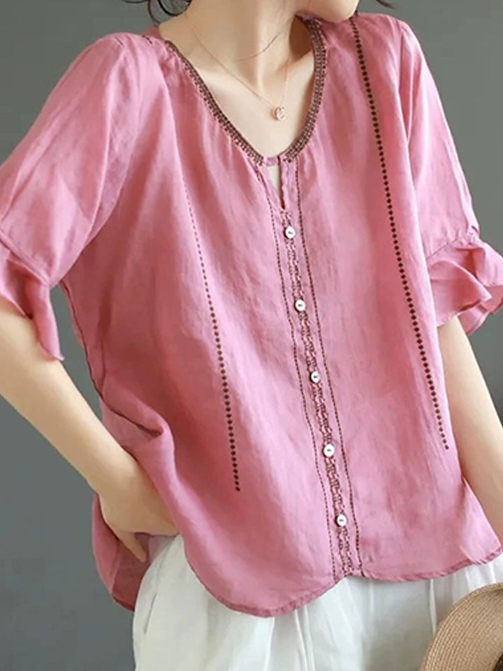 Faith Loose V-Neck Flare Sleeve Embroidered Top