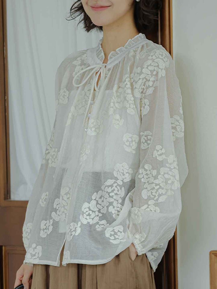 Maria Classic Crew Neck Hollowed Embroidered Lace Shirt
