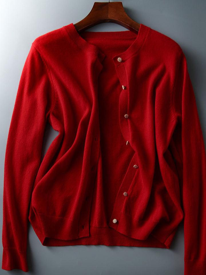 Sophia Classic Crew Neck Solid Color Knitted Cardigan-Royal Blue