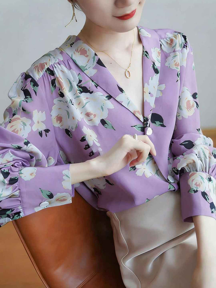Isabella Spring V-Neck Printed Chiffon Shirt