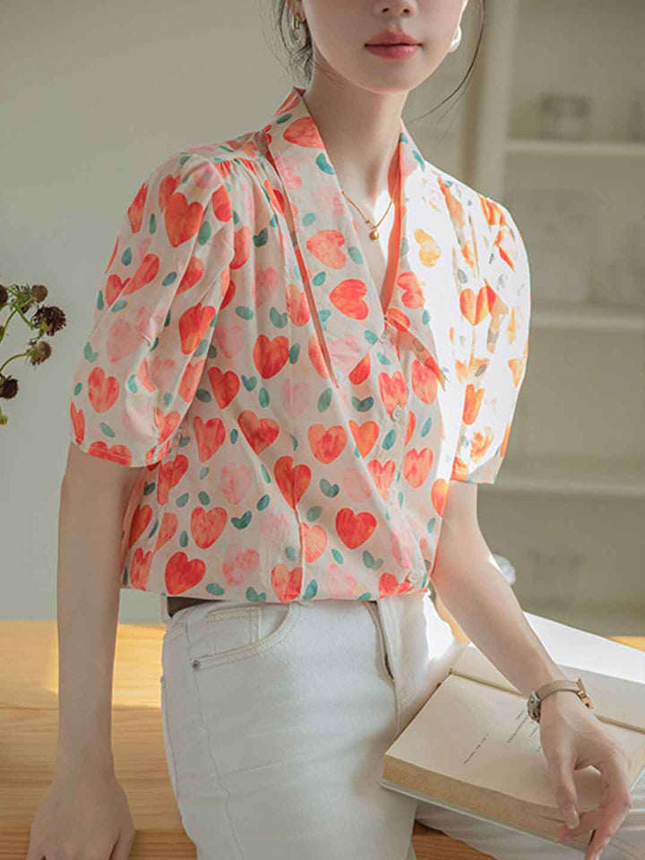 Camila Retro Polo Neck Puff Sleeve Floral Top