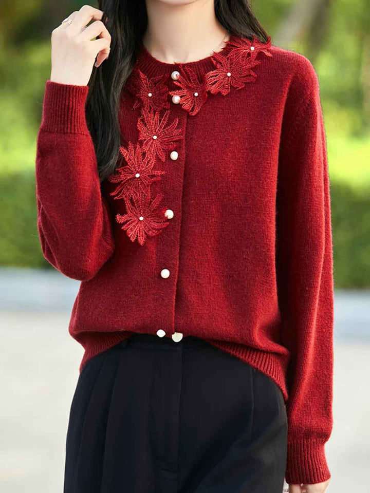 Sophie Classic Crew Neck Crocheted Solid Color Knitted Cardigan