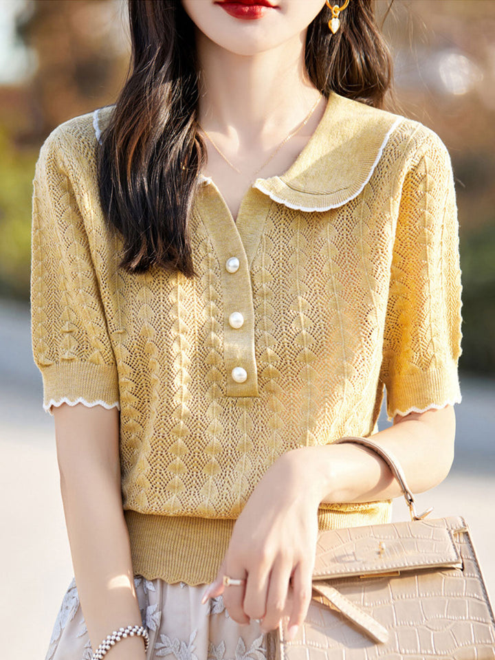 Ava Loose Polo Hollowed Knitted Top