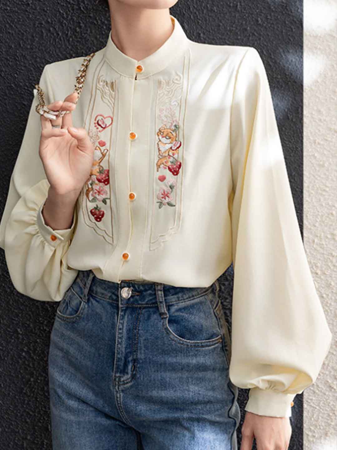 Victoria Classic Stand Collar Lantern Sleeve Embroidered Top