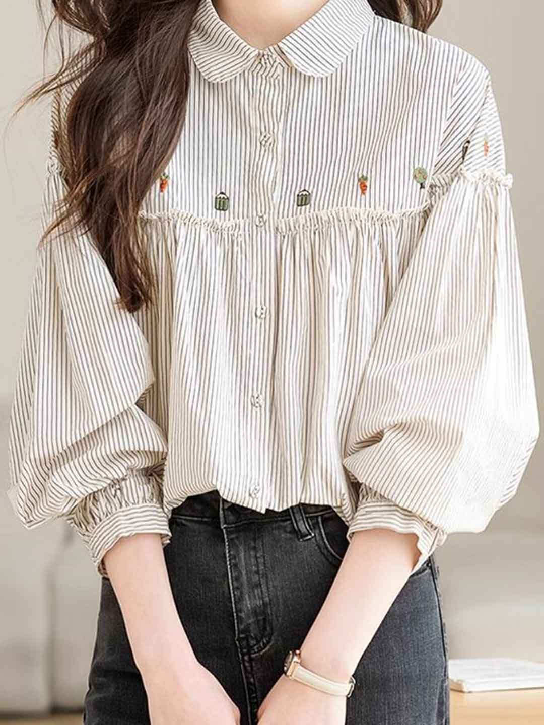 Rachel Cute Doll Collar Puff Sleeve Embroidered Top