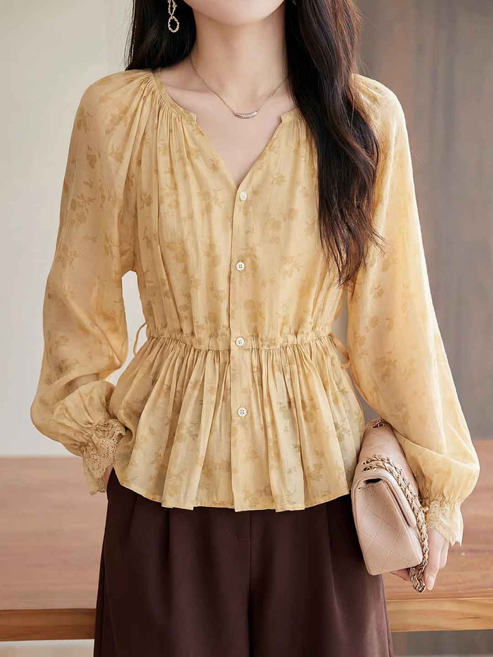 Olivia Loose V-Neck Lantern Sleeve Drawstring Lace Top