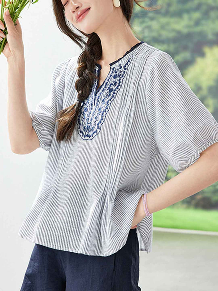 Chloe Loose Crew Neck Striped Embroidered Top