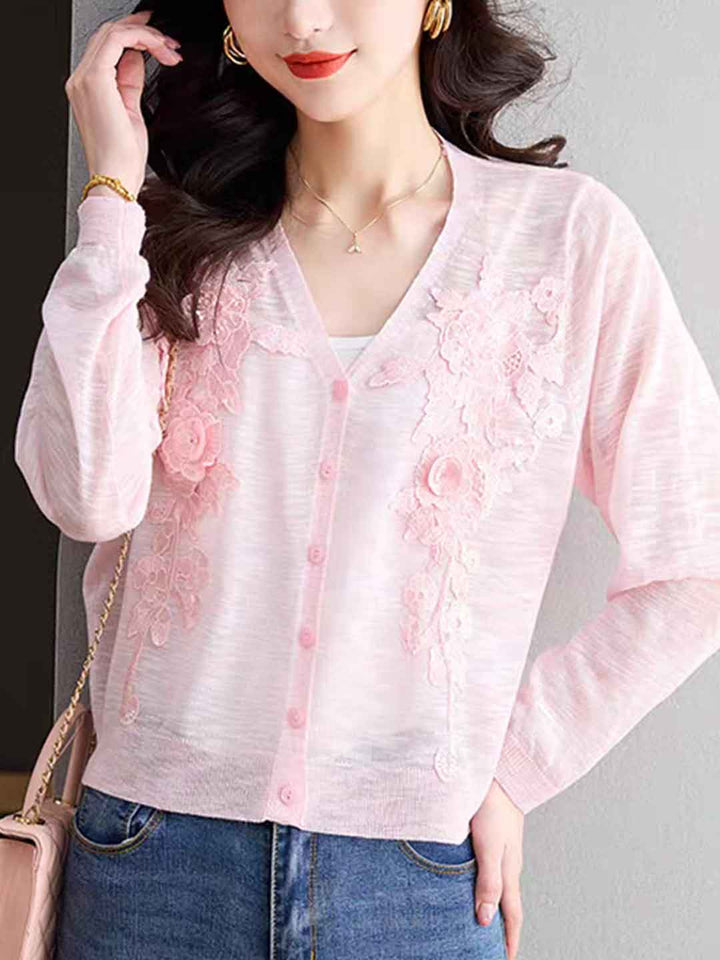Zoe Elegant V-Neck Hollowed Embroidered Knitted Cardigan-White