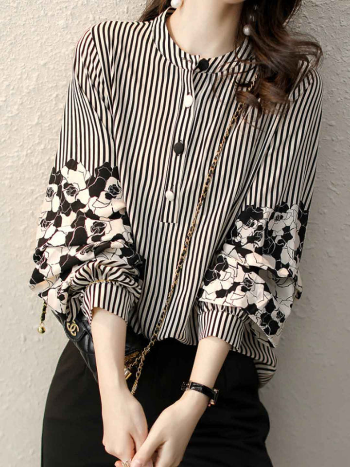 Rachel Classic Crew Neck Lantern Sleeve Striped Top