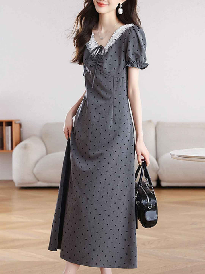 Riley Casual V-Neck Puff Sleeve Polka Dot Dress