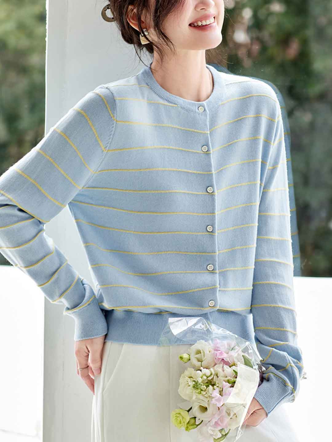 Abigail Classic Crew Neck Striped Knitted Cardigan