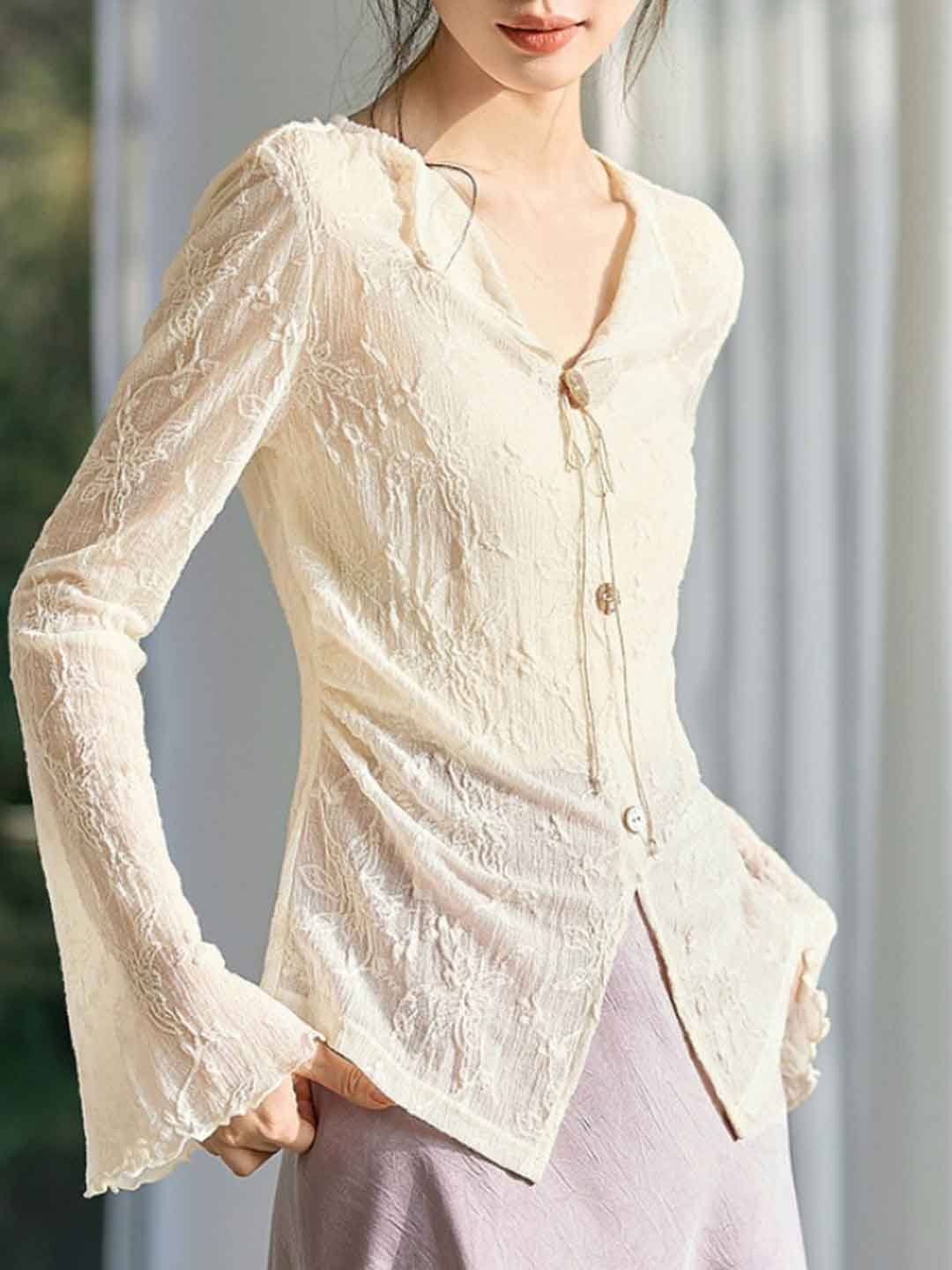 Olivia Elegant V-Neck Lace Jacquard Top