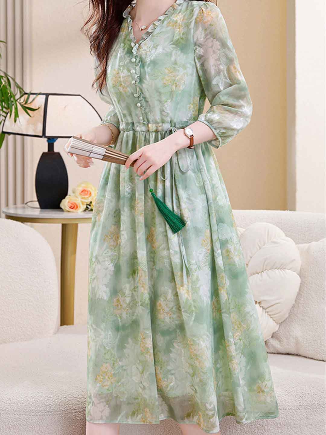 Natalie Vacation Auricular Collar Jacquard Drawstring Dress