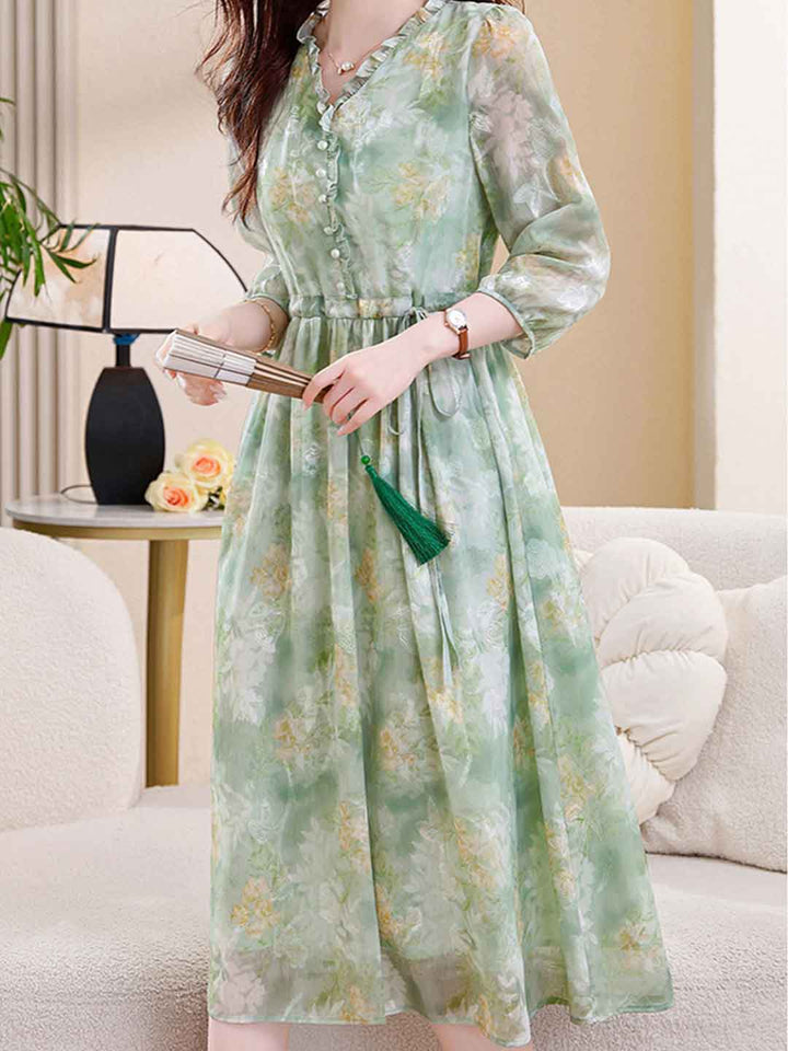 Natalie Vacation Auricular Collar Jacquard Drawstring Dress