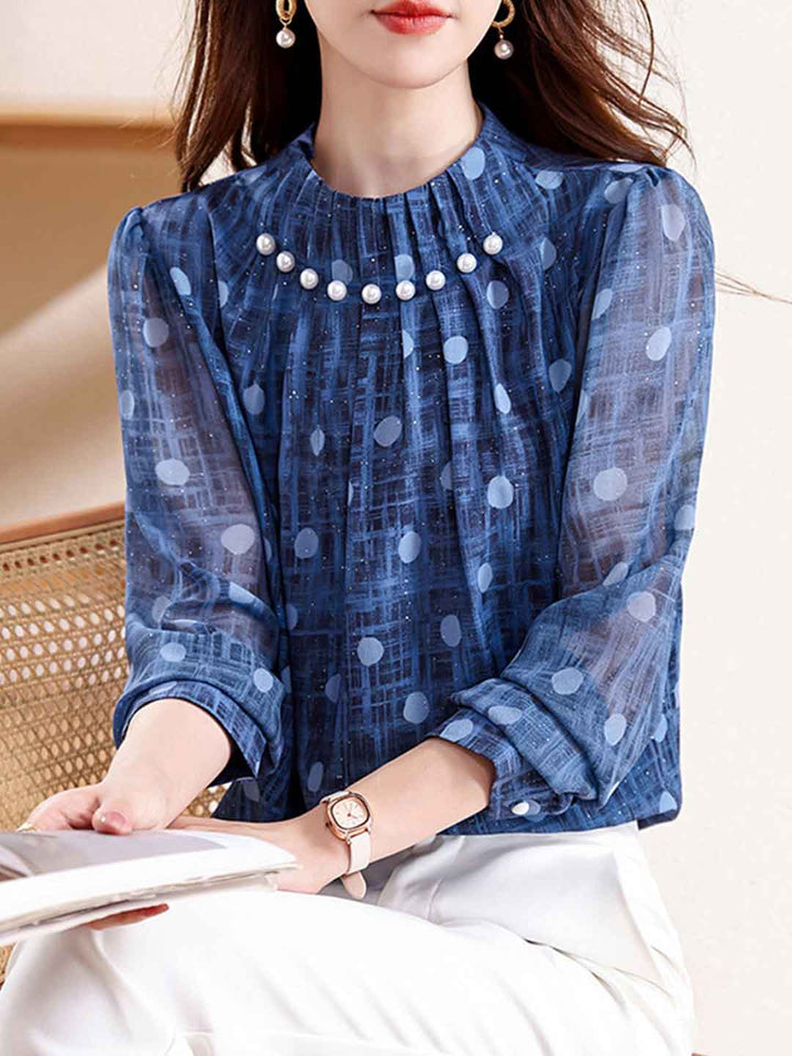Lauren Daily Stand-Up Collar Beaded Top
