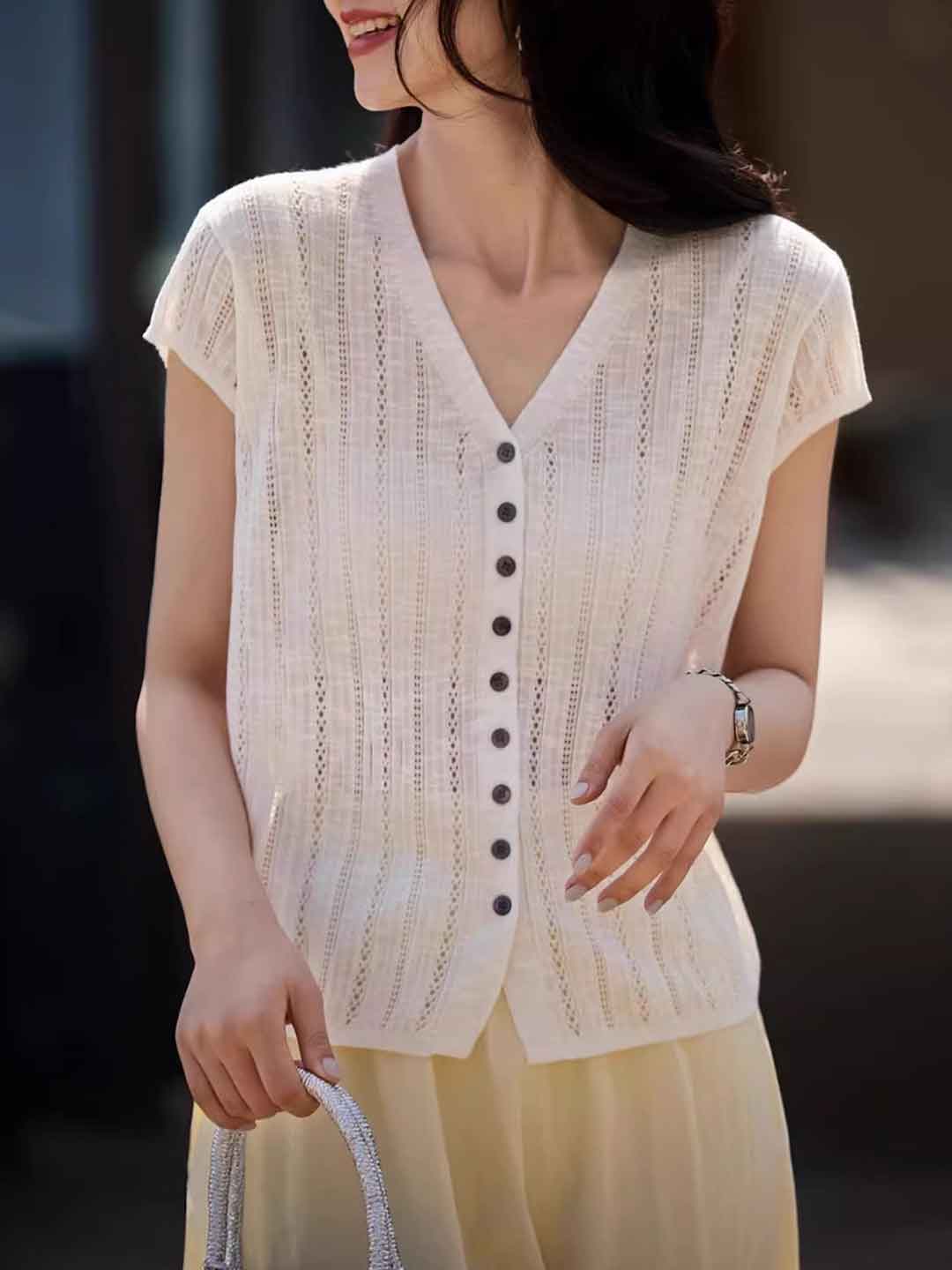 Rachel Classic V-Neck Solid Color Hollowed Knitted Top