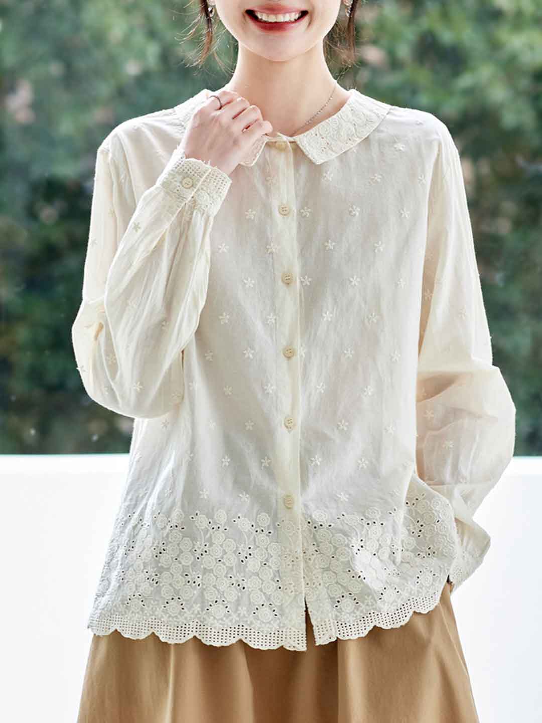 Emily Loose Doll Collar Embroidered Hollowed Top