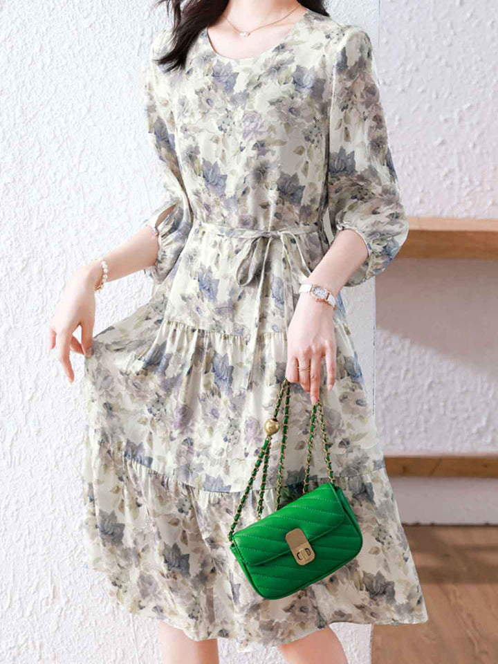 Sophia Elegant Crew Neck Printed Chiffon Dress