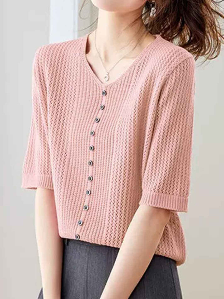 Emma Casual V-Neck Hollowed Knitted Top