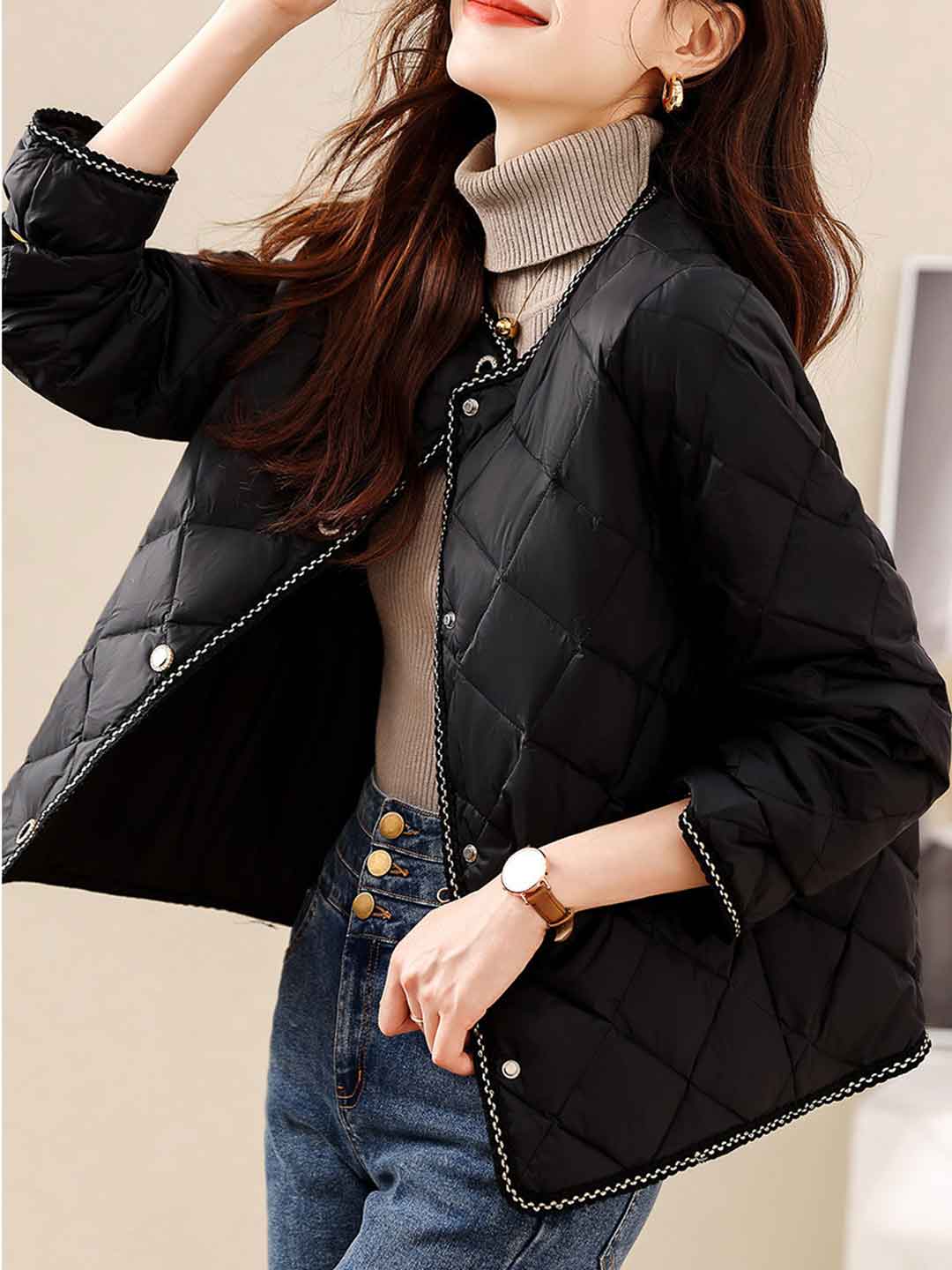 Olivia Classic Crew Neck Tweed Plaid Winter Coat