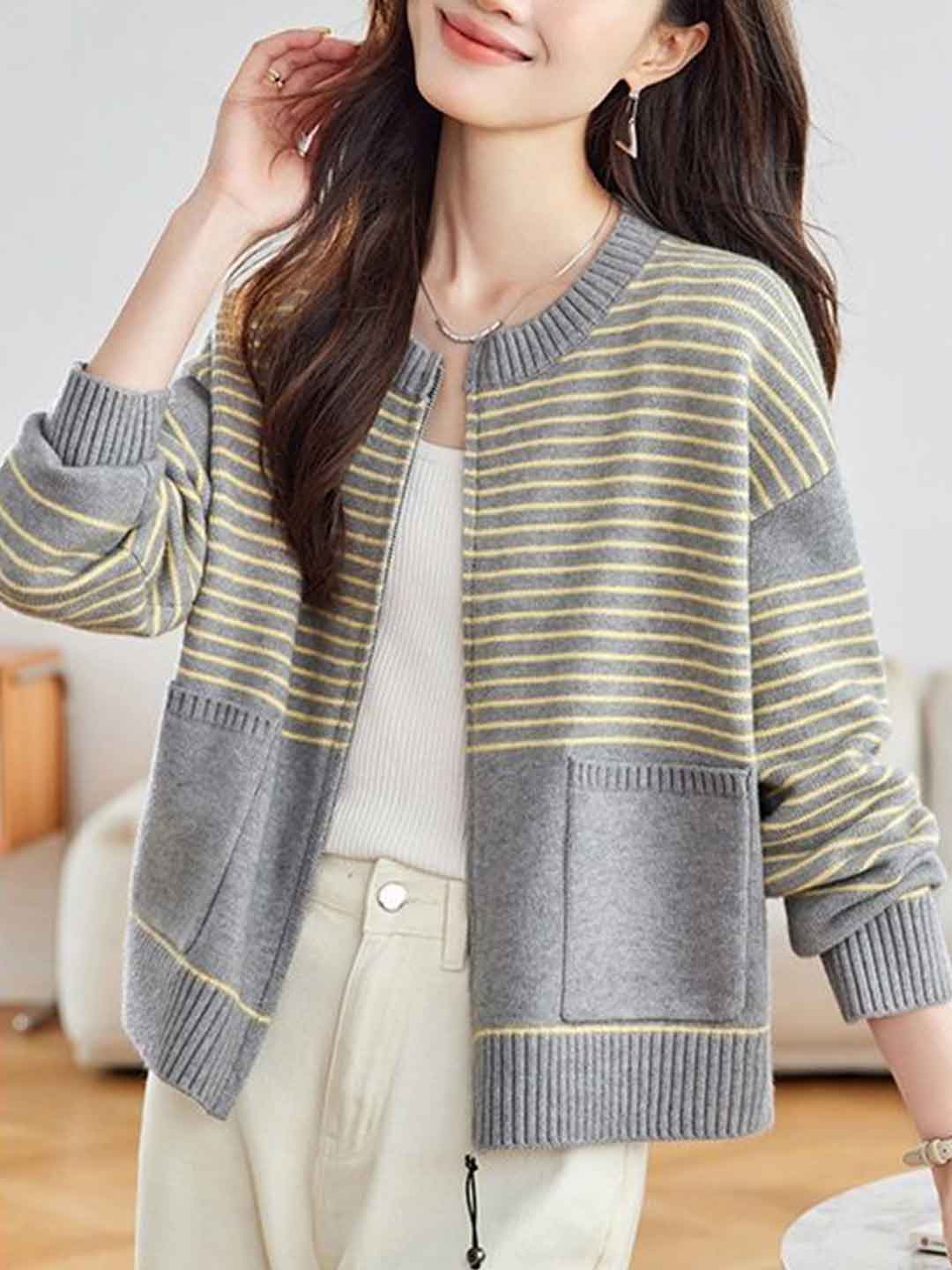 Ava Casual Crew Neck Striped Knitted Cardigan