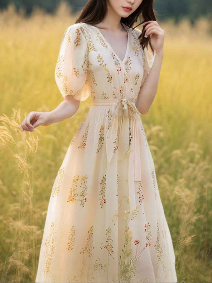 Selina Vacation V-Neck Puff Sleeve Floral Dress