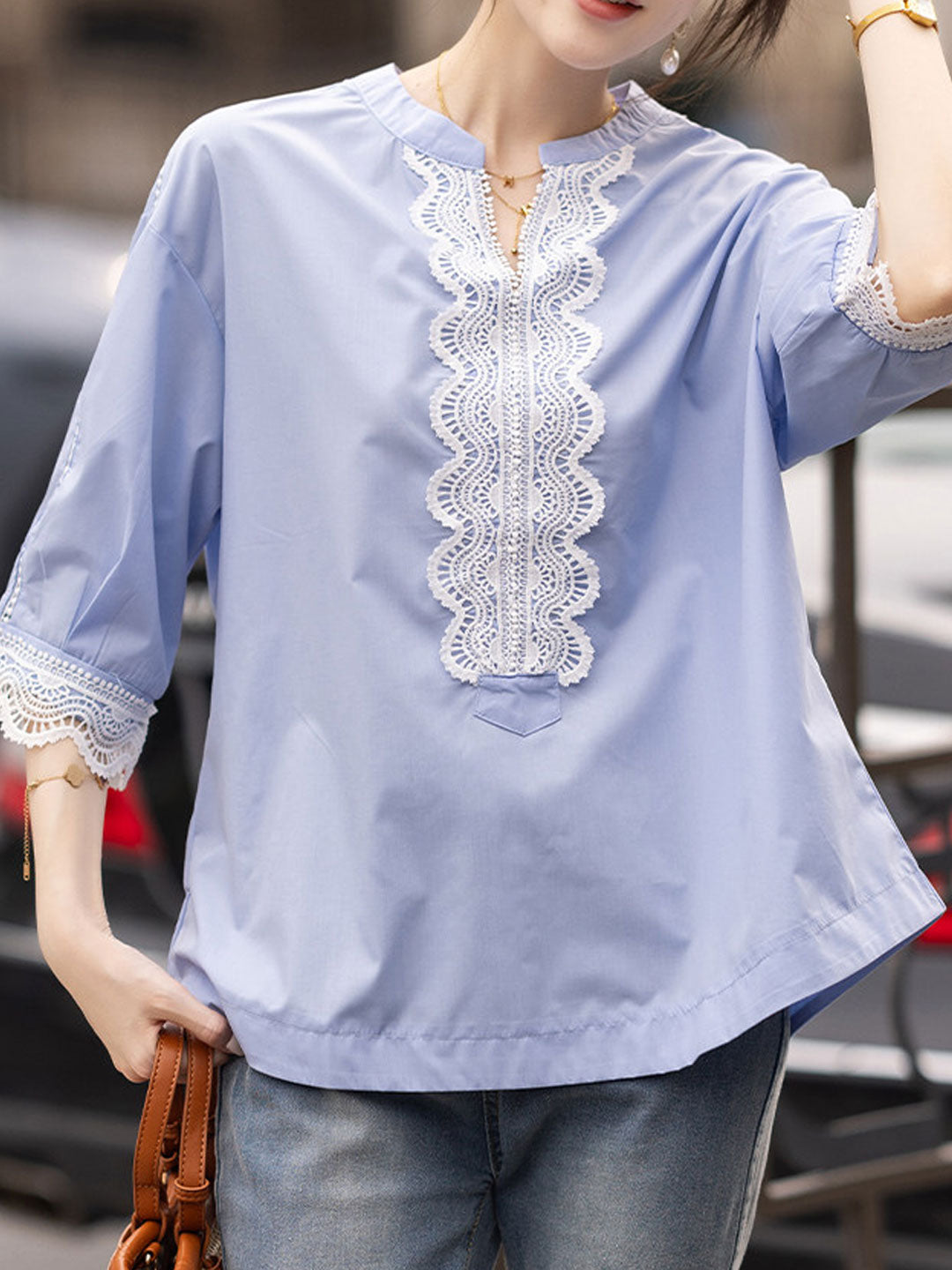 Emily Loose V-Neck Lace Trimmed Top