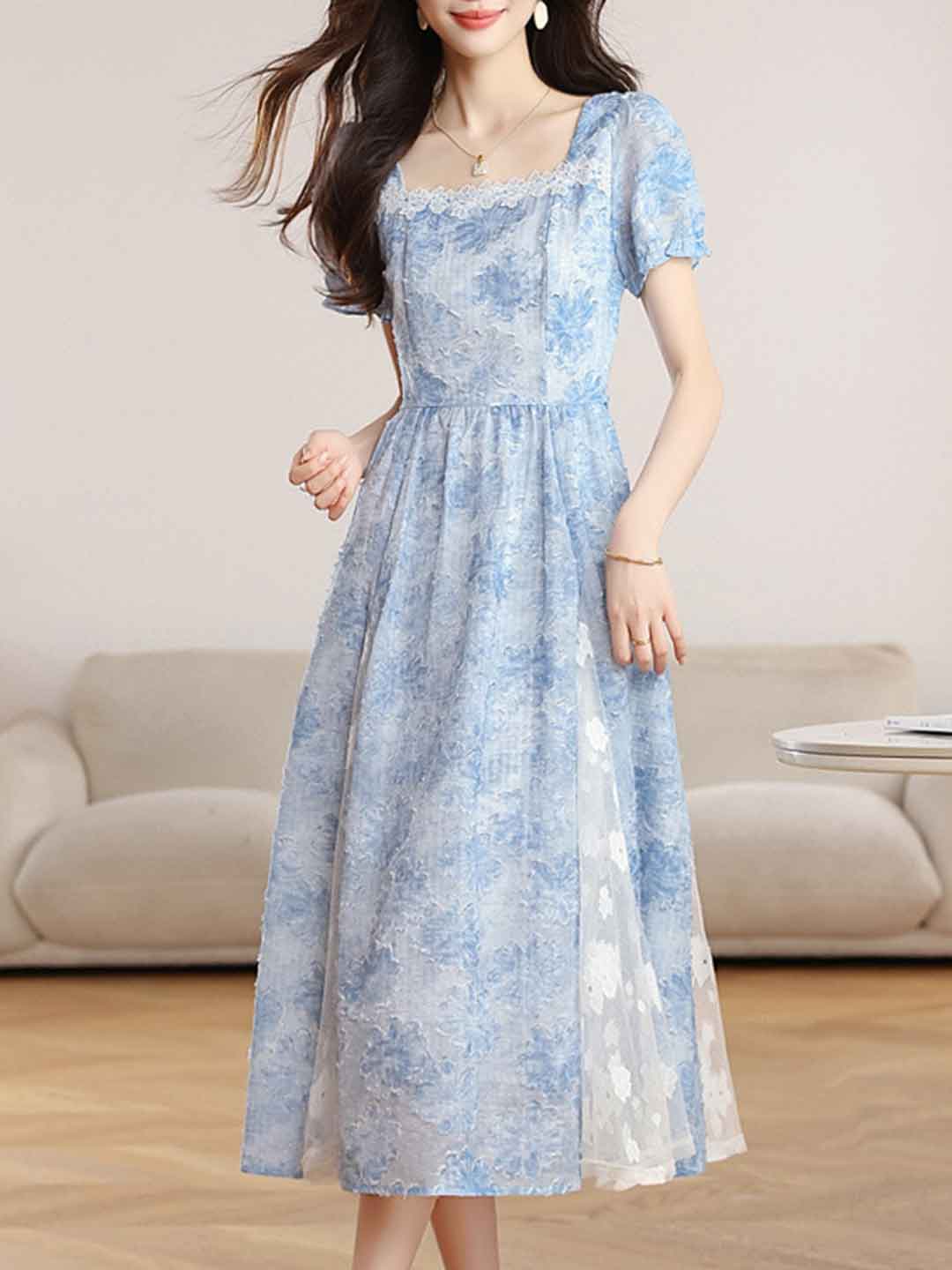 Emma Elegant Square Neck Jacquard Waisted Dress