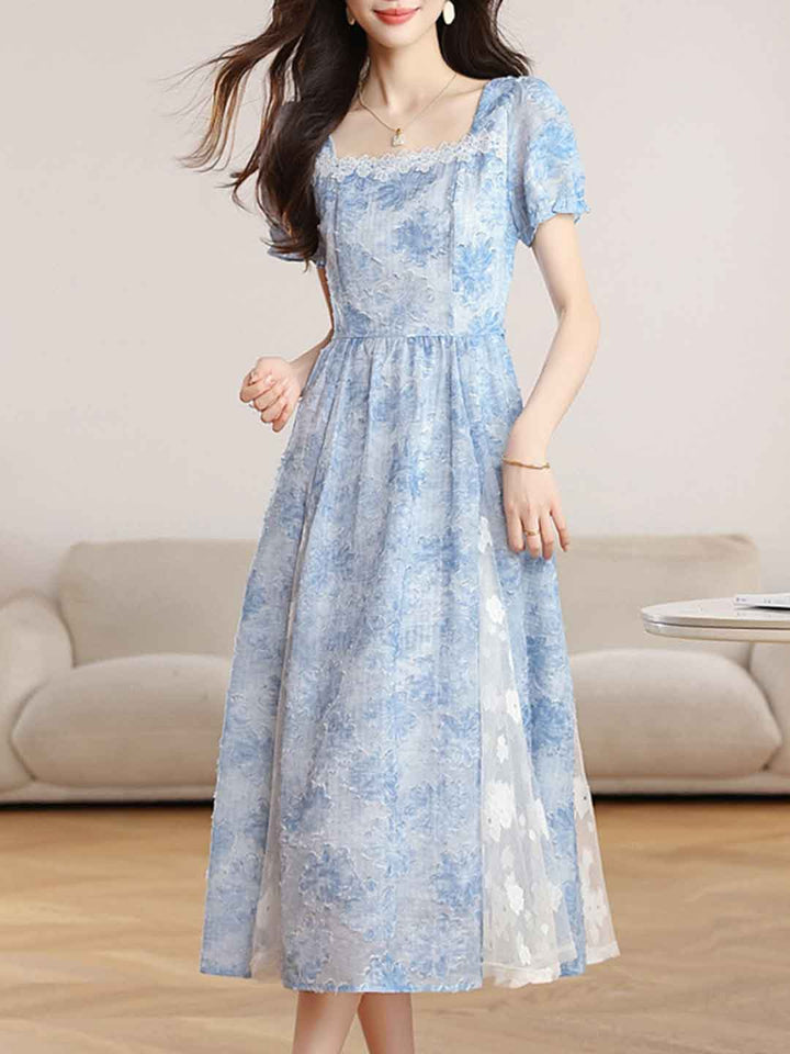 Emma Elegant Square Neck Jacquard Waisted Dress