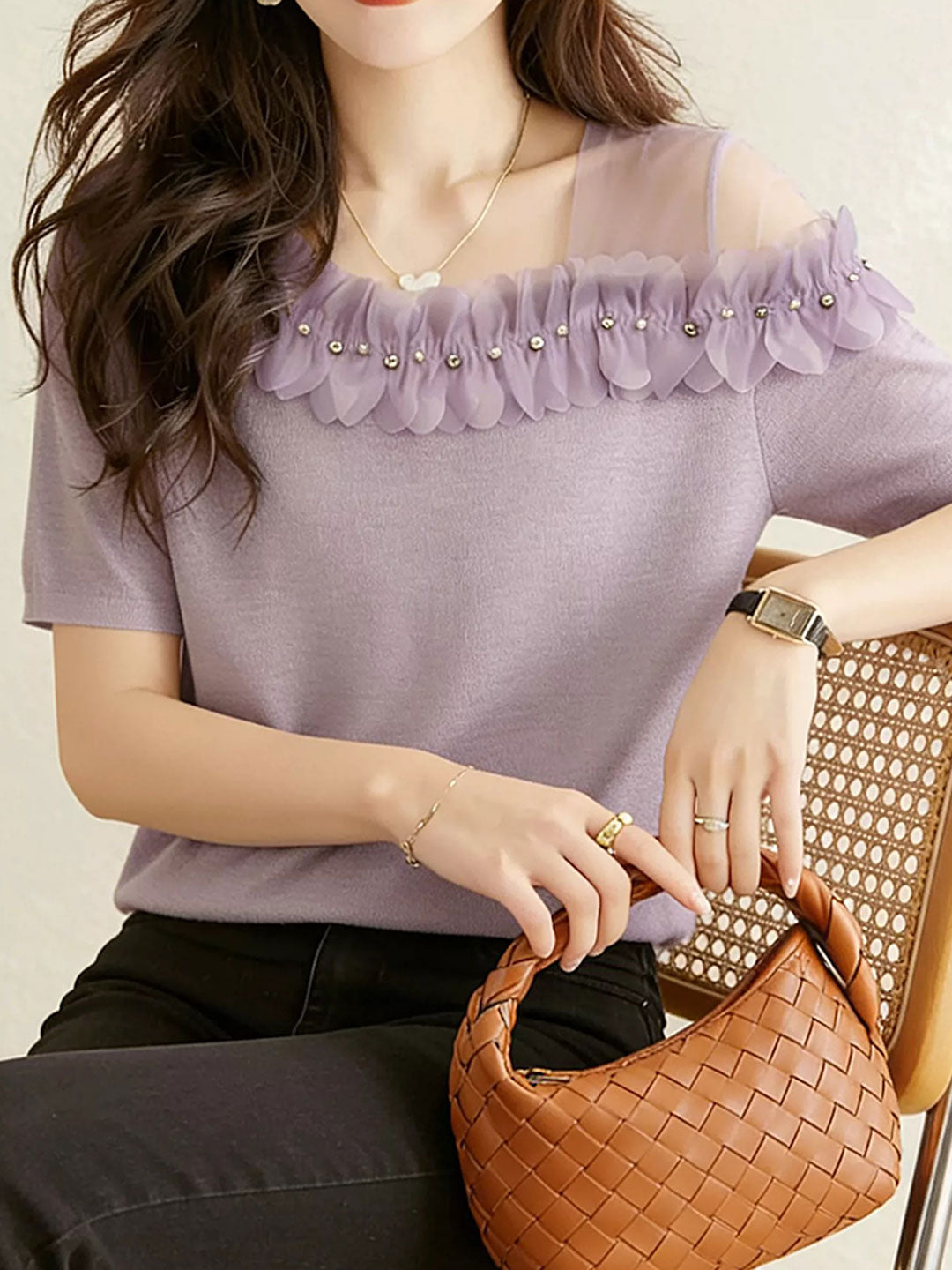 Rachel Classic Off-Shoulder Mesh Ruffle Top