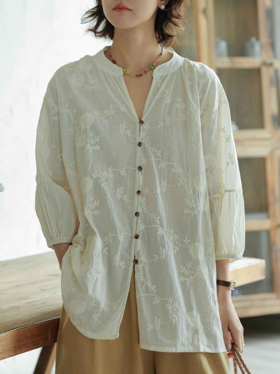 Camila Loose V-Neck Embroidered Top