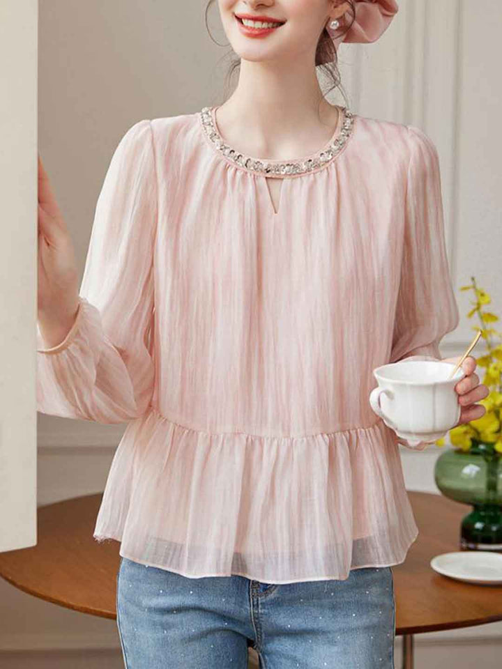 Kayla Retro Crew Neck Ruffled Textured Top