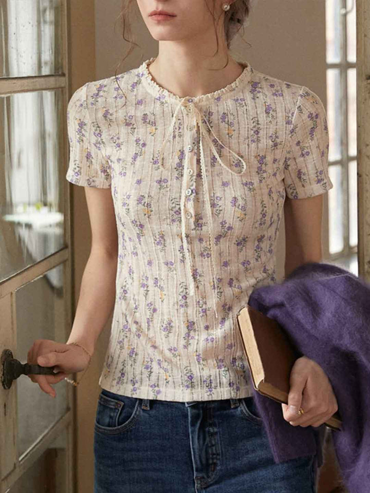 Lauren Retro Lace Collar Textured Floral Top
