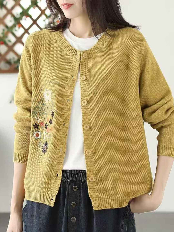 Anna Classic Crew Neck Embroidered Knitted Cardigan