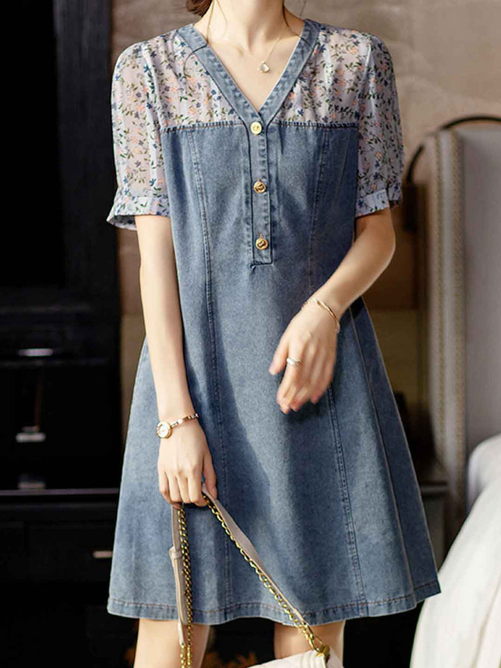 Madison Casual V-Neck Printed Patchwork Dress