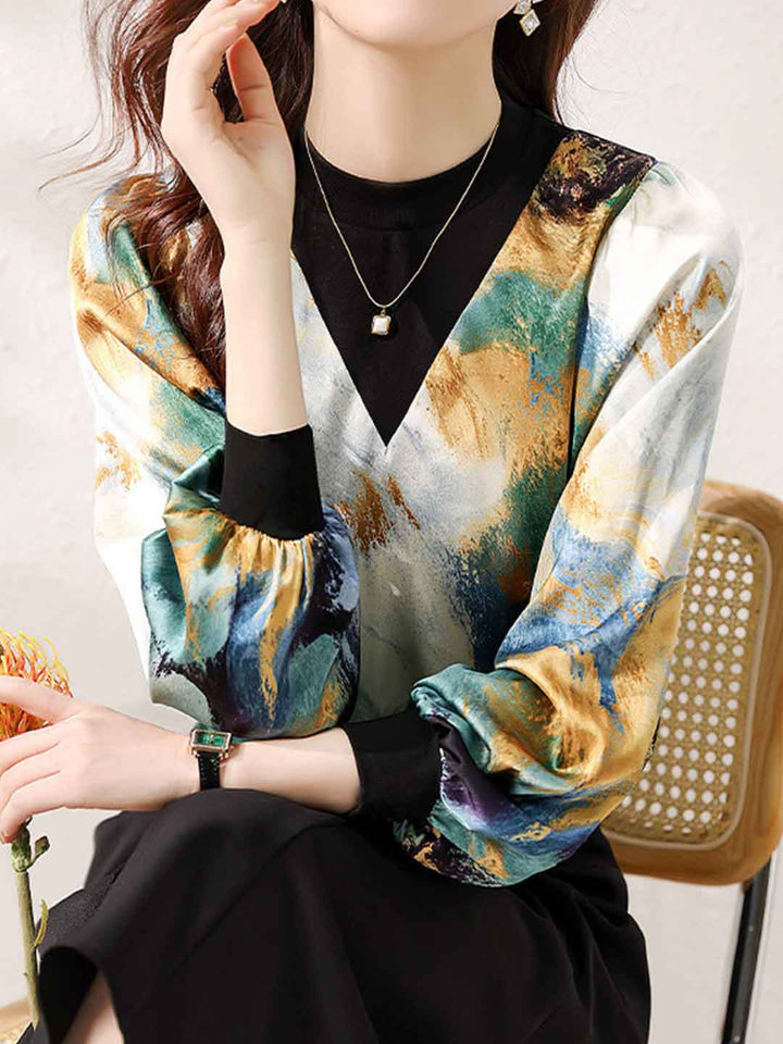 Brianna Casual Crew Neck Lantern Sleeve Patchwork Shirt