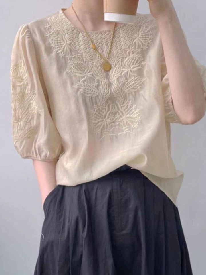 Ava Retro Crew Neck Puff Sleeve Embroidered Top