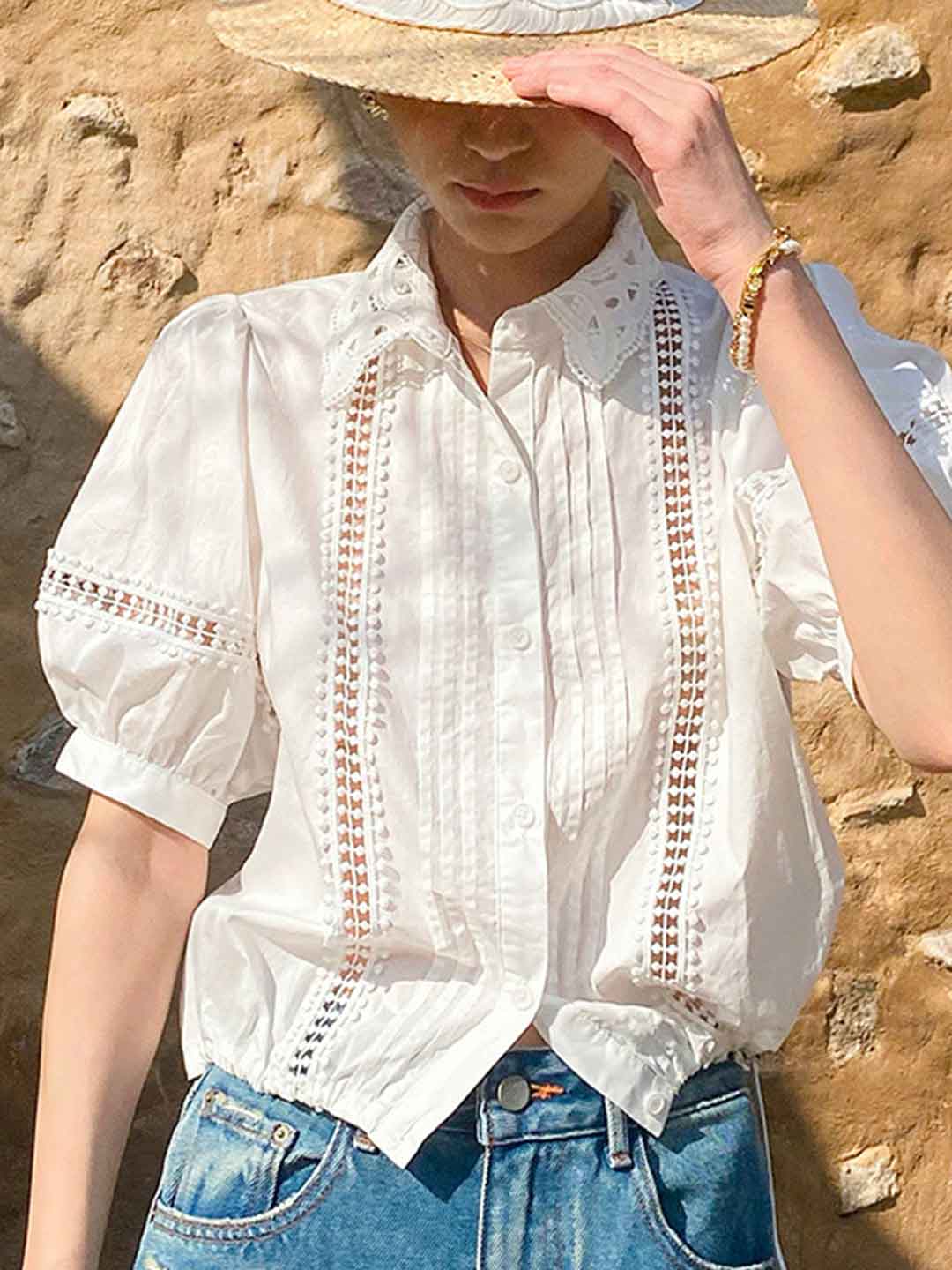 Destiny Daily Puff Sleeve Hollowed Striped Shirt