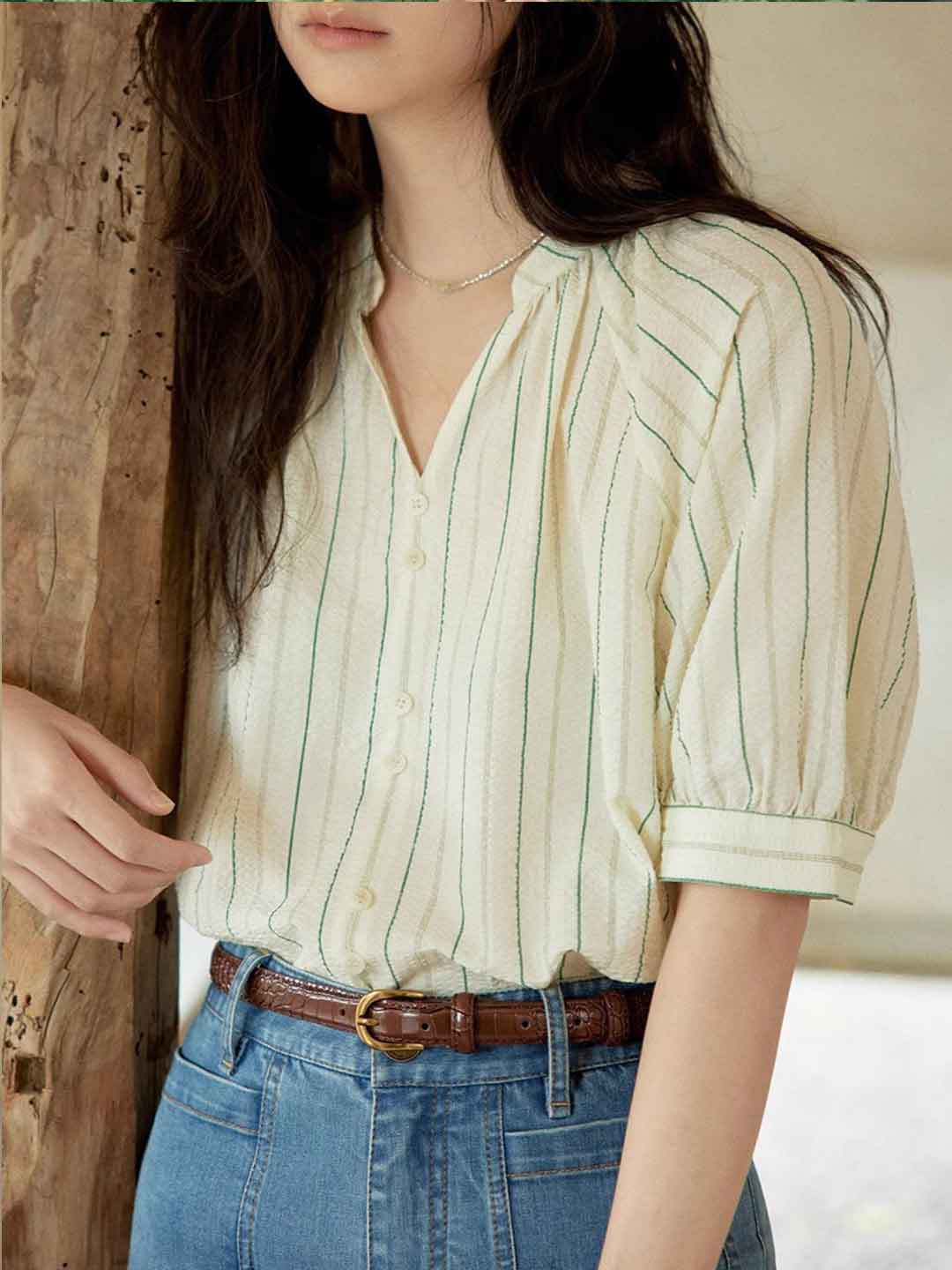 Sarah Loose V-Neck Striped Shirt
