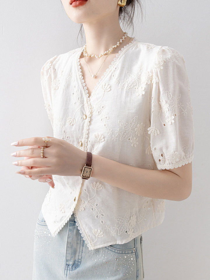 Grace Daily V-Neck Lace Hollowed Blouse